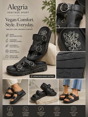 Alegria Heritage Sport Vegan Leather Platform Slide Sandals Black Sz 38 Comfort